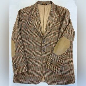 Faconnable Made in Italy Vintage Leather Trim Wool Check Tweed 3-Button Jacket L